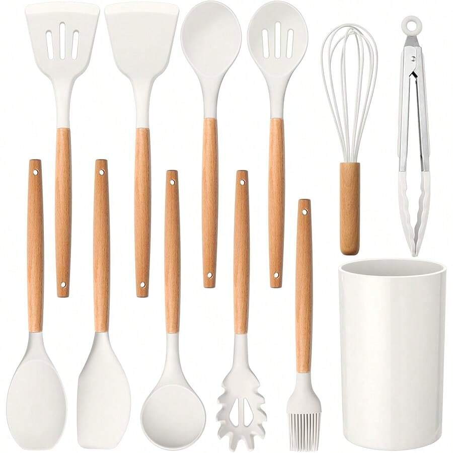 E-Far Cooking Utensils Set Of 6, Silicone Kitchen Utensils With Wooden Handle, Non-Stick Cookware Friendly & Heat Resistant, Includes Spatula/Ladle/Slotted Turner/Serving Spoon/Spaghetti Server(Black)