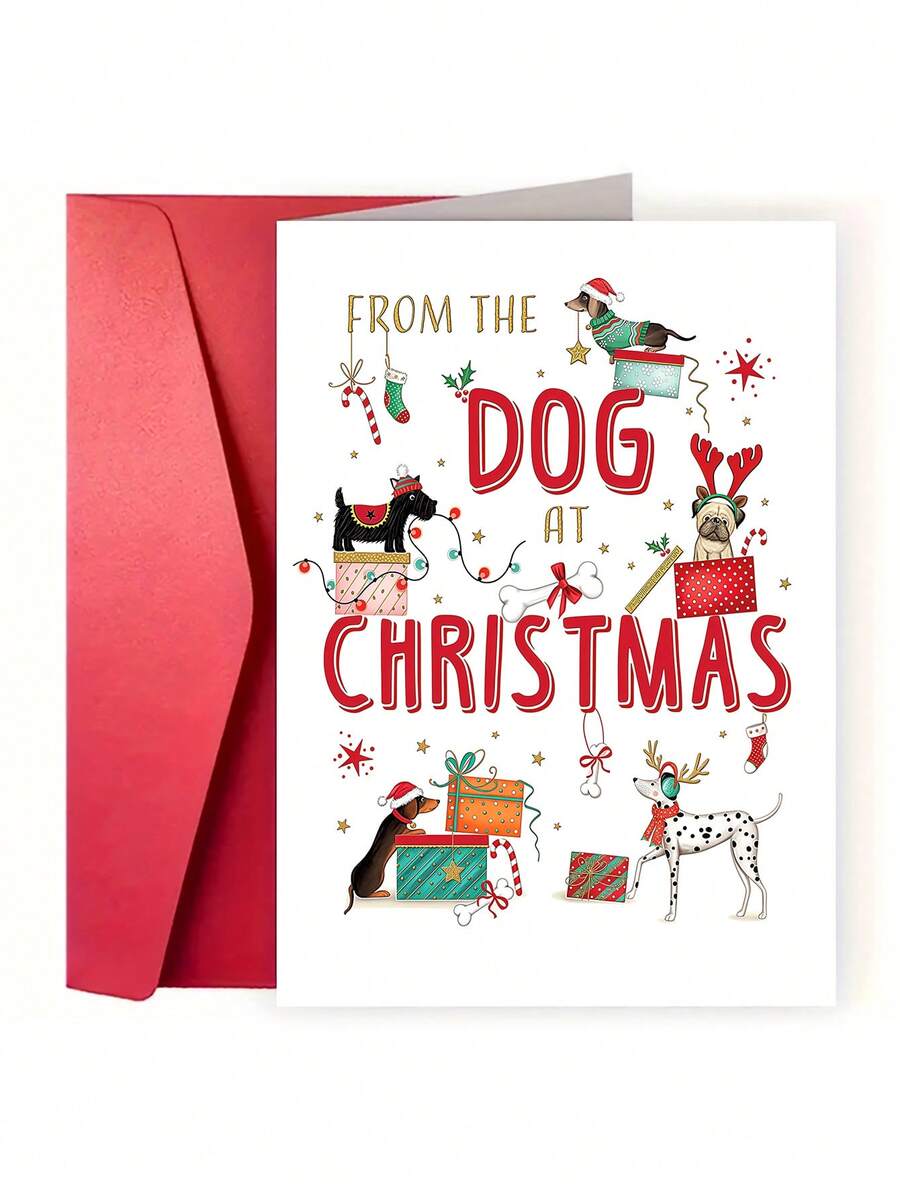 1 pieza Tarjeta de Navidad con sobre - Diseño de perro lindo "Del perro en Navidad" - Tarjeta de felicitación festiva para familia, amigos y parejas - Multicolor - Ver 1