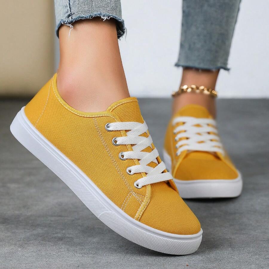 Women's Low-Top Soft-Soled Flat Casual Shoes, Simple And Fashionable, Versatile Women's Shoes. Lightweight Daily Sports Shoes With PVC Cushioning Insoles - Women's Casual Shoes, Suitable For All Seasons, Ideal For Office, Outdoor And Party Occasions - Easy-To-Clean Polyurethane Synthetic Fabric Upper, Simple Design, Rubber Sole, Breathable Material, Comfortable For Daily Wear. - 黃色 - 查看 1