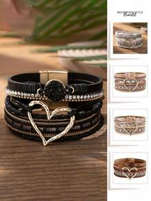 Fashionable Heart-Shaped Faux Leather Bracelet - Sparkling Rhinestone Decor - Magnetic Clasp Design, Easy To Wear - Perfect Accessory For Any Occasion, Ideal Valentine's Day Gift