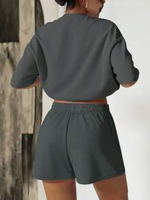 Plus Size Women 2 Pieces Set - Casual Round Neck T-Shirt And Drawstring Pocket Shorts - Dark Grey - View 2