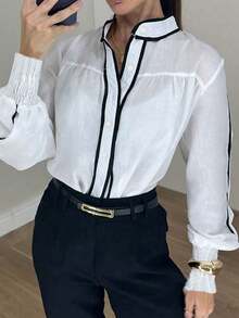 Women Banded Single-Breasted Lantern Sleeve Casual Loose Shirt