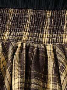 Girls' Oblique Shoulder Long Sleeve Knitted Ribbed Patchwork Plaid Dress, Spring/Autumn