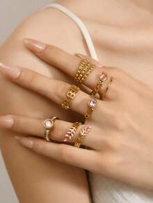 4/6/7 Pieces Fashionable French Delicate Stainless Steel Ring Set For Women With Pink Gemstone Jewellery Suitable For Women's Daily Matching Use Holiday Dating Gift Wedding Engagement Ring Jewellery