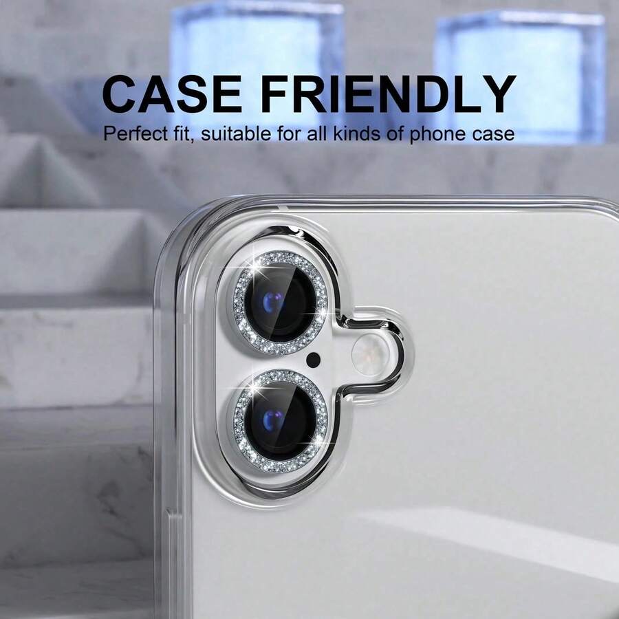 BOLLYMORE 3pcs Silver Glitter Colorful Camera Lens Protector With Metal Ring, Fit For IPhone 17 Pro Max / 17 Pro / 17e / 17 / 13 / 14 / Pro / Max / 15 / 16 Pro Max, Birthday Gift, Home Gift, Shiny Lens Protector, Phone Accessories