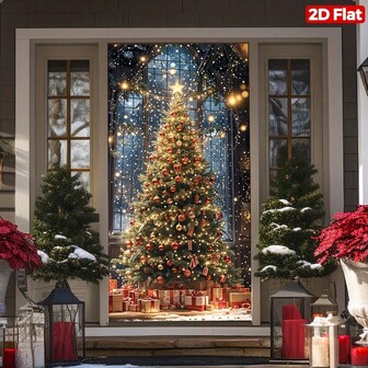 2D Christmas Door Banner, Polyester Durable, Fluorescent Christmas Tree Pattern, Suitable For Winter Christmas Celebration Party Porch Decor, Home Wall Art Decor, Outdoor Decoration, 35.4x70.8 Inches, 1pc