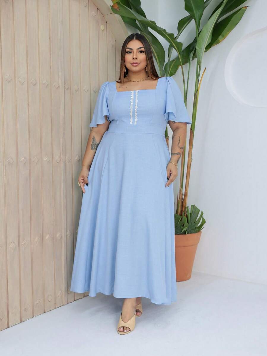 Luxury Plus Size Long Dress With Smooth Crepe And Short Sleeves - 淺藍色 - 查看 1