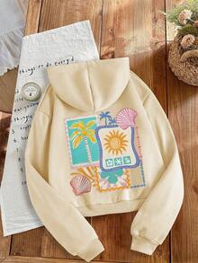 Tween Girl Casual Hooded Jacket Sunny Beach Design Print Chic For Girls Autumn/Winter Wear Simple Long Sleeve Crewneck Pullover Top - Apricot - View 3