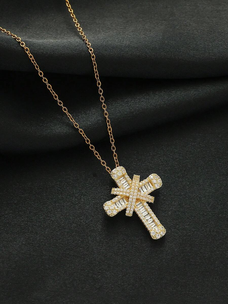 1pc European & American Hip-Hop Style Micro-Inlaid Zirconia Cross Pendant Necklace, Suitable For Women's Hip-Hop Parties, Daily Commute Wear - Gold - View 1