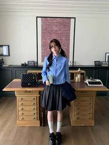 女士休闲学院风字母刺绣长袖开衫衬衫，秋冬款