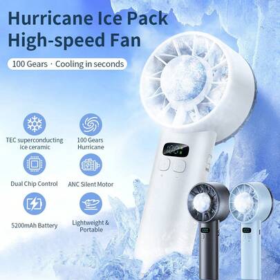 便携式双冰风扇，配备5200mAh电池 - 高速100档风速调节，适合夏季户外露营和旅行，母亲节礼物，卧室装饰，花园，厨房装饰，夏季，海滩，旅行必备，房间装饰，软萌，毕业季礼物