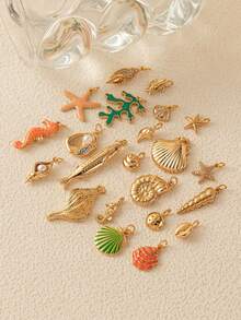 1 buc pandantiv stil oceanic, coajă stea de mare, căluț de mare, coral, stil retro de vacanță, placat cu aur, potrivit pentru coliere brățară DIY, aur electrolizat de 18K, un cadou pentru soții și mame