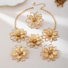 1 套女士珠宝，包括 1 件夸张度假风格金色双层五叶花吊坠项链、1 对耳环、1 枚戒指 - 紅色套裝 - 查看 3
