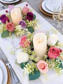 1pc Fake Flower Plant Leaves Candle Artificial Silk Rose Flower Wreath Candle Holder Plastic Small Buoy Farmhouse Wreath For Wedding Arrangement Bridal Bouquet Dining Table Core Garden Yard Birthday Shower Decoration Aesthetic Room Classroom Balcony Christmas Holiday Gift Decoration