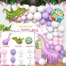 Set de 110 piezas de guirnalda de arco con globos de tema de dinosaurios rosados, que incluye globos de látex rosados, verdes, morados y globos de aluminio con formas de dinosaurios de cuello largo rosados, dinosaurios con cuernos y pterosaurios, perfecto para decoraciones de fiesta de cumpleaños, fondo decorativo, reuniones familiares y suministros de fiesta con tema de dinosaurios de dibujos animados - Multicolor - Ver 14