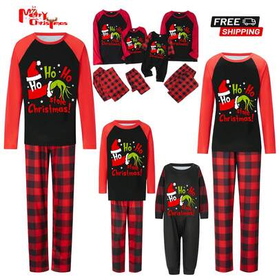 Family Matching Christmas Pajamas Set - Green Monster Hand Print Tops  Plaid Pants, Holiday Sleepwear For Adults  Pets, Festive Couple Pjs, Xmas Family Outfit, Matching Pajamas With Dog Clothes, Letter Print Sleepwear