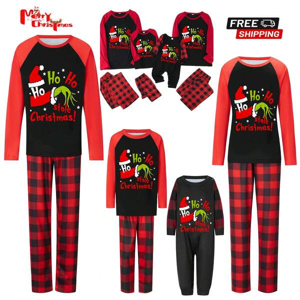 Family Matching Christmas Pajamas Set - Green Monster Hand Print Tops  Plaid Pants, Holiday Sleepwear For Adults  Pets, Festive Couple Pjs, Xmas Family Outfit, Matching Pajamas With Dog Clothes, Letter Print Sleepwear