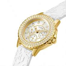 Guess Reloj de cuarzo para mujer, movimiento de cuarzo, caja de acero inoxidable, correa de silicona, resistente al agua, adecuado para reuniones diarias y otras ocasiones Gw0411l1