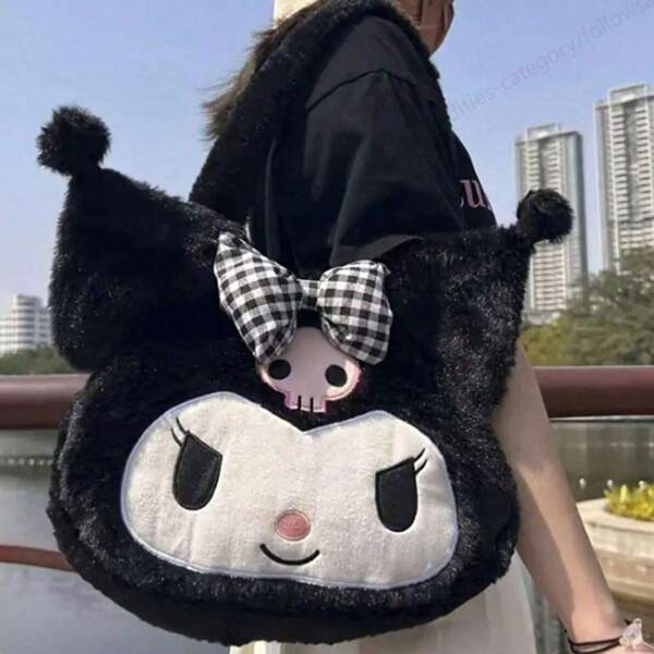 1pc Black Kuromi Large Shoulder Bag, Plush Cartoon Big Capacity Cute Handbag For Women