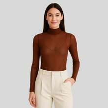 Women's Transparent Tulle Bodysuit – Long Sleeve, Mid-Length, Night Club Look - Rỉ Nâu - Xem 3