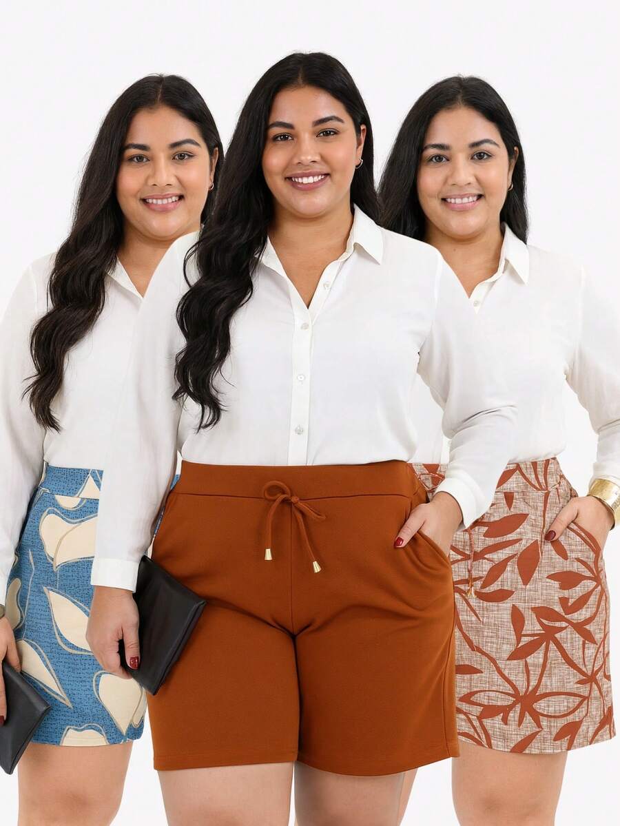 Kit 3 Women's Shorts Plus Size Crepe Mesh Duna Light Summer Fashion - 彩色 - 查看 1