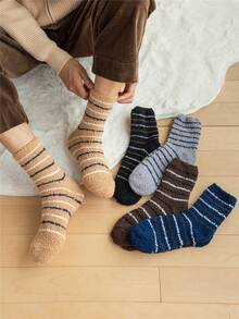 5 Pairs Of Men's Coral Fleece Socks. Thick Warm Socks In Autumn And Winter. Soft Knit Fabric. Unique And Stylish Casual Socks. A Great Gift For Couples, Friends