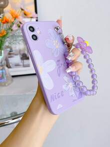 1 件紫色 TPU 花卉印花防震全覆盖手机壳和 1 件紫色花朵和串珠手链挂绳，兼容 Apple/Android 手机，例如 Galaxy A51 4G、A52、A52s 5G、S23 Ultra、A13 4G、A12、S25 Ultra、OPPO A54、A54 - 彩色 - 查看 4