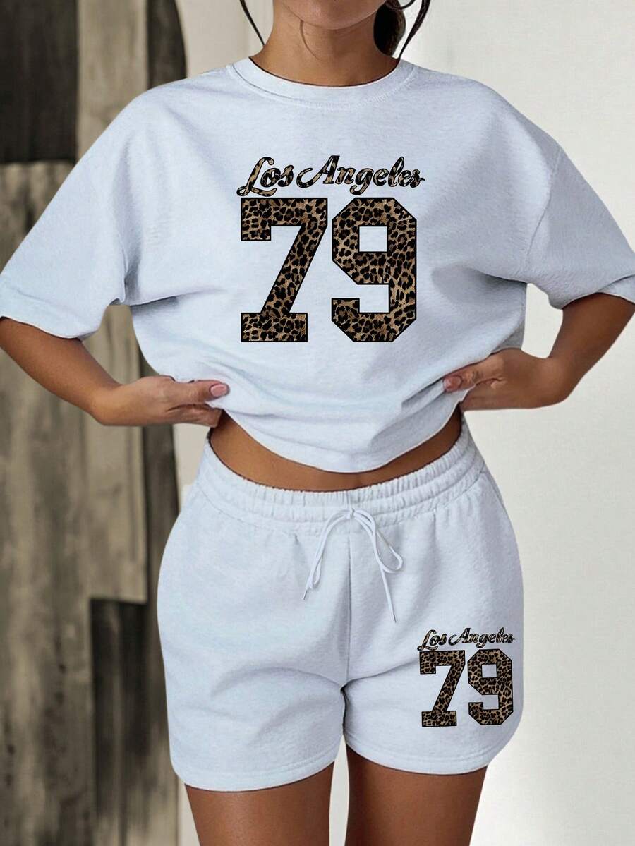 2Pcs/Set Plus Size Women Casual Daily Round Neck Plus Size T-Shirt With Drawstring Pocket & Shorts - Light Grey - View 1