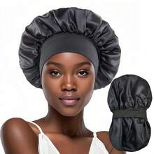1pcs Double Layer Satin Sleeping Cap For Women Sleeping, Satin Lined For Curly Hair, Large Silk Cap, Wide Brim Silk Night Cap - 黑色 - 查看 5