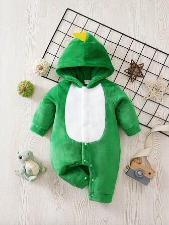 Baby Boy Cute Dinosaur Horn Design Green Thermal Lined Long Sleeve Jumpsuit, Autumn/Winter