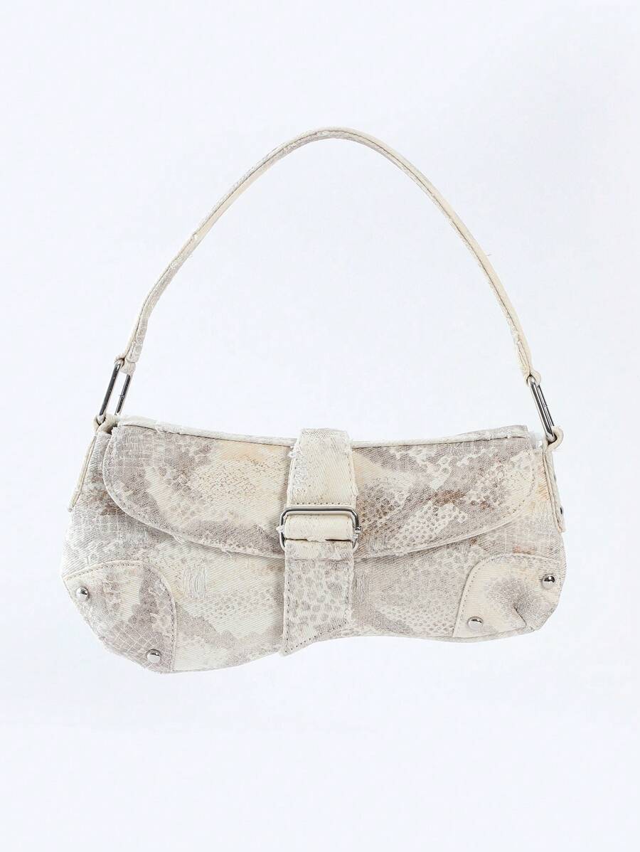 Women Denim Distressed Asymmetric Shoulder Bag, Studded Street Style Tote Handbag, Y2K Denim Underarm Bag, Suitable For Dating, Casual, Fashion Party, Travel, School, Holiday Gift