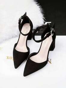 Tacones de mujer elegantes y retro vacuno con punta afilada: Sandalias de tacón grueso versátiles con cinta simple y hebilla cuadrada en tobillo, ideales para fiestas casuales con suela gruesa. Combina perfectamente con vestidos de fiesta y vestidos, aptos para trabajo, citas, bodas, Navidad, fiestas y graduaciones - Negro - Ver 4