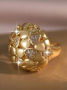 jealous young 1pc Sparkling Heart-Shaped Floral Faux Diamond Ring, Elegant Shiny Open Ring, Suitable For Women's Daily Wear, Engagement, Party And Other Occasions - Yellow Gold - View 6