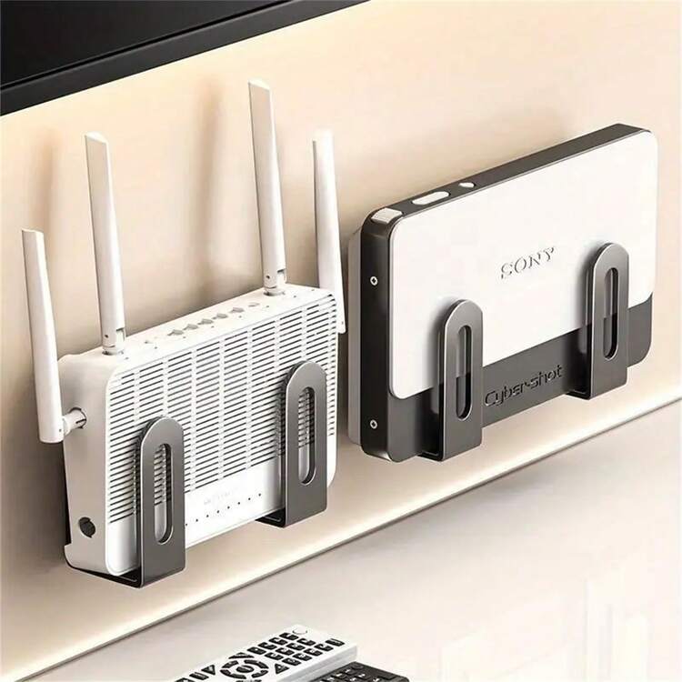 Estante de almacenamiento para montaje en pared sin taladro, adecuado para router, módem WiFi, decodificador, gestión de cables, estante de piedras preciosas sintéticas, organizador multifuncional ahorrador de espacio con adhesivo - Gris - Ver 5