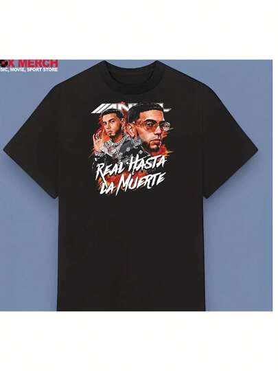 Camiseta gráfica de Anuel AA "Real Hasta La Muerte" para hombres - Diseño retro rock negro con letras en negrita, algodón de alta elasticidad, camiseta de manga corta casual para todas las estaciones, camiseta de uso diario| Camiseta gráfica llamativa| Ajuste Cómodo, Mercancía de Anuel AA
