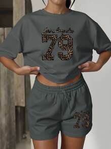 Plus Size Women 2 Pieces Set - Casual Round Neck T-Shirt And Drawstring Pocket Shorts - Dark Grey - View 1