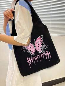 Bolso de mano con estampado de mariposas rosa estilo Y2K, equipado con bolsa de maquillaje con cremallera, bolso de lona negra para el hombro, bolso de compras casual, bolso de hombro de gran capacidad, adecuado para el trabajo, multifuncional, de múltiples propósitos, de gran capacidad, ligero, práctico, para aniversario, Navidad, vacaciones, adecuado para exteriores, ir y venir, viajes, escuela, deportes, compras, uso diario