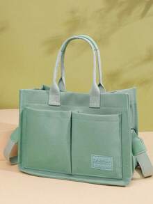 多功能垂直條紋飾斜挎肩背包，女性手提包，大容量多口袋帆布肩背通勤包，輕便休閒手提信差包，學生學校手提電腦包，極簡運動多隔層多袋背包