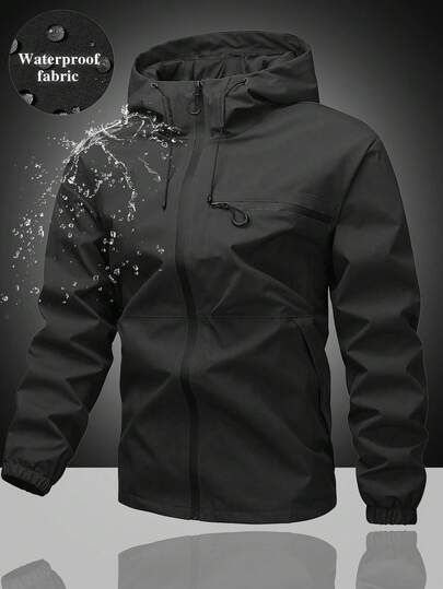 Men's Hooded Drawstring Soft Shell Wind & Water Resistant Jacket, Sports Casual With Front Large Pocket, Side Zipper Pockets, Suitable For Daily Wear, Popular Model, For Fall