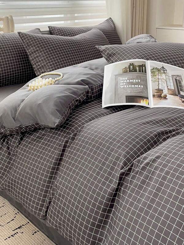 4pcs Black Plaid & White Stripe Texture Soft Washed Cotton Bedding Set (1pc Duvet Cover + 1pc Flat Sheet + 2pcs Pillowcases), Skin-Friendly Aloe Vera Cotton Printed Bed Sheet Bedding Set, 360° Wrap-Around, No Optical Brighteners, Breathable