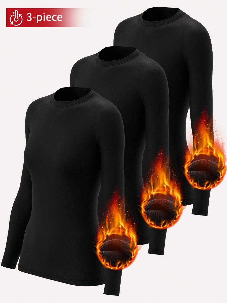 Women's Solid Color Warm Long Sleeve Activewear Top, Thermal & Cozy Base Layer Long Sleeve Undershirt With Thermal Lined , Yoga Tee Shirt, Autumn/Winter Outdoor Skiing & Hiking