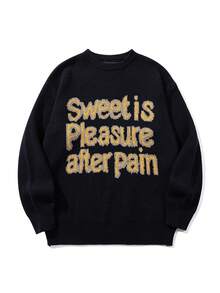 男女皆宜的休闲宽松字母提花圆领长袖套头毛衣，秋冬季百搭时尚针织上衣 - 黑色 - 查看 2