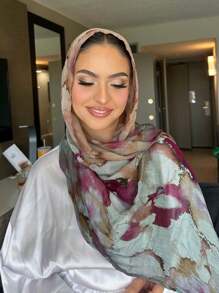 1件装女士波西米亚风水彩花卉印花头巾，秋冬街头风男女通用围巾，适合日常穿着。