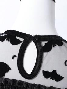 Mädchen Halloween Fledermaus Netz Mesh Patchwork Samt Kleid, Herbst