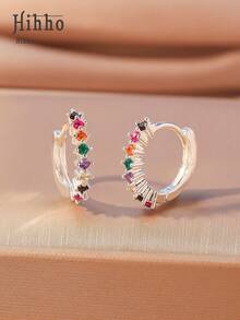 Hihho 1 Cặp bông tai tròn khảm đá Zirconia nhiều màu thời trang tối giản, phụ kiện trang sức cá nhân hóa làm quà tặng cho các cô gái, tiệc ngày lễ tình nhân - Bạc - Xem 3