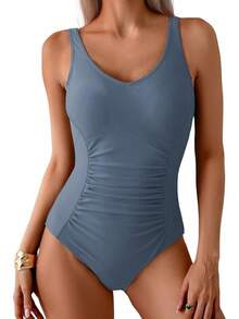 Tummy Control One Piece Swimsuit With Ruched Design - Grey Blue - View 1