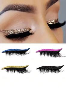 MEM 1 Set Glitter Self-Adhesive Eyeliner & False Lashes - Waterproof, No Glue Needed, Suitable For Party & Stage Makeup, Travel, Daily Wear (For Beginners), Wedding, Date, Party, Festival, Great As Christmas/Halloween/Gift Lashes Set - Black - View 2