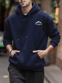 Men's Autumn/Winter Minimalist Mountain Slogan Print Pocket Drawstring Hoodie Sweatshirt - Navy Blue - View 3