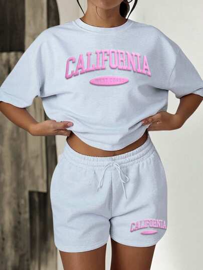 HESSEN Women Casual Fashion Simple Daily Solid Color Letter Pattern Loose T-Shirt And Shorts 2 Pieces Set,California West Coast Logo Top And Shorts Set,Spring Summer Light Gray Two-Pieces SetOutfits,Gym Jogging Outfit,Going Out Top And Shorts Outfits,Carnival,Valentine's Day,New Year Outfits