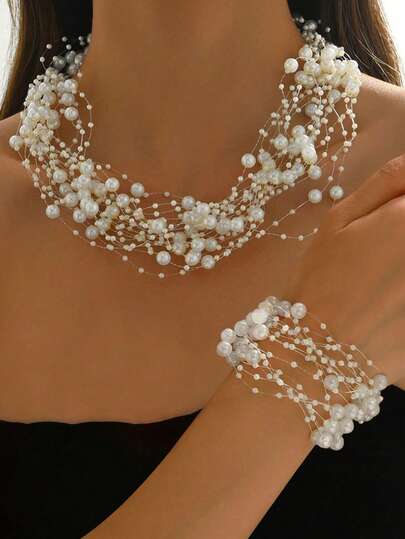 2pcs Set Of Fashionable French Elegant Faux Pearl Necklace And Bracelet, Suitable For Party, Gathering, Daily Matching, Women's Daily Wear Jewelry Set, Gift